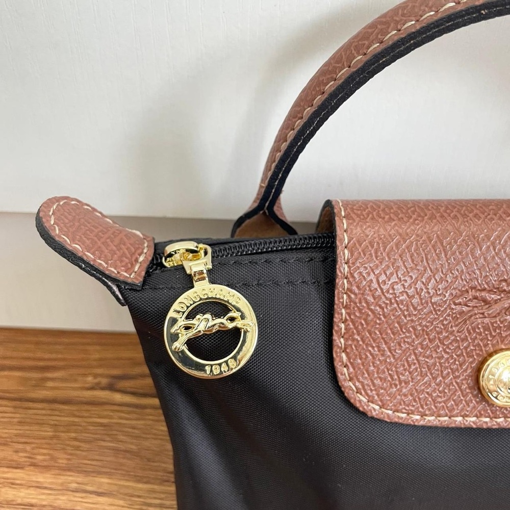 Longchamp Black Mini Top-Handle Bag with Brown Trim - Picture 6 of 10